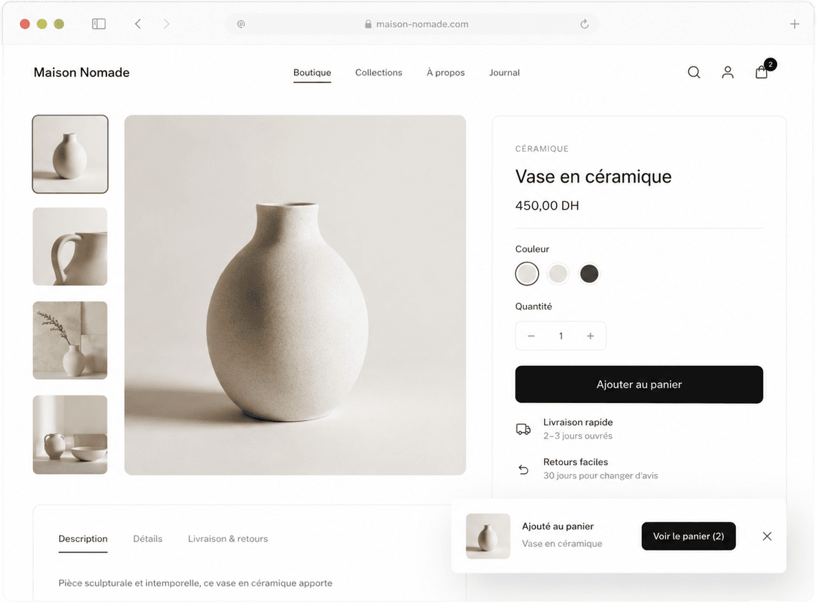 Page produit e-commerce avec panier et paiement.