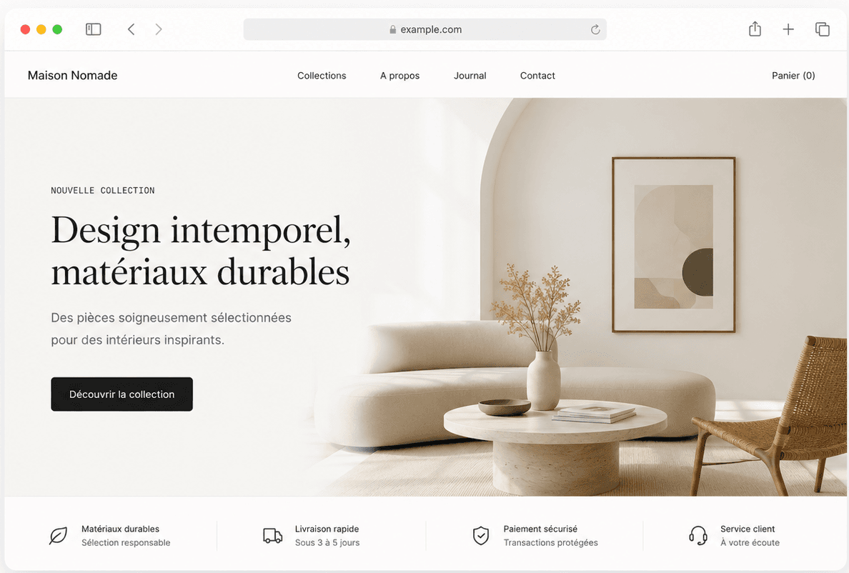 Site premium Maison Nomade dans une fenêtre navigateur.