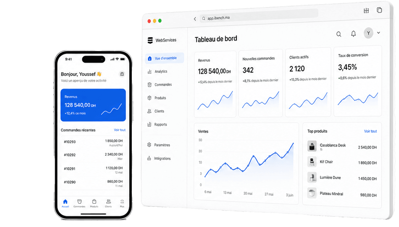 Mockups iPhone et dashboard iBench WebServices