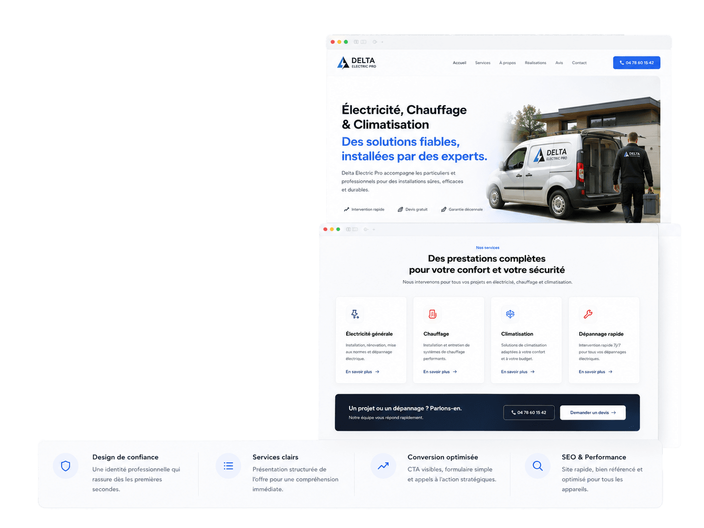 Site Delta Electric Pro avec pages de services.