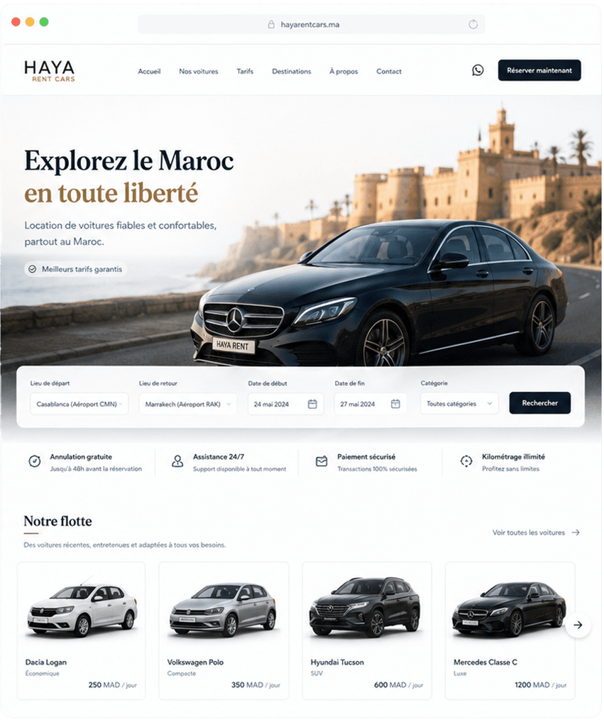 Site Haya Rent Cars avec recherche et flotte.